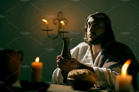 Jesus christ blessing bread and wine stock photo containing catholic and | High-Quality Arts ...