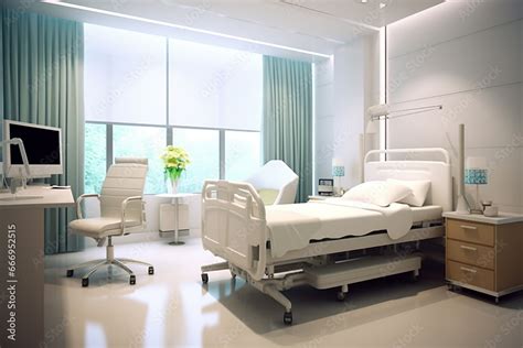 Hospital Room with Bed, Medical Monitor, IV Stand, Bedside Table, and ...