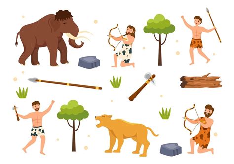 Prehistoric Stone Age Tribes Hunting Large Animals with Weapon in Flat Cartoon Hand Drawing ...