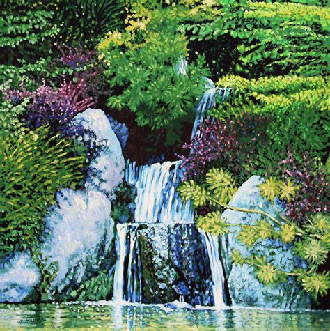 Waterfall At Japanese Garden Painting by John Lautermilch - Pixels