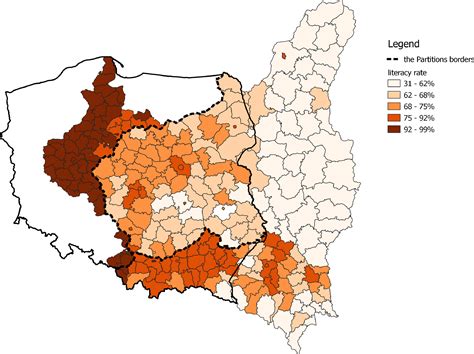 Literacy rate in Interwar Poland (1931). The borders of the Partitions of Poland are marked by ...