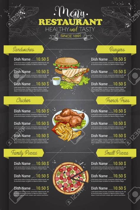 Restaurant vertical color menu design on blackboard. Stock Vector - 60190669 | Food menu design ...