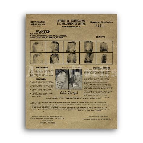 Printable Alvin Creepy Karpis FBI wanted poster with fingerprints