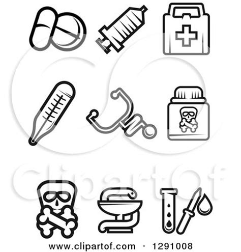 Clipart of Black and White Medicine and Pharmacy Icons - Royalty Free ...