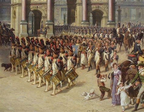 The Grenadiers of the Guard march past in review with drums and band leading. A painting by ...