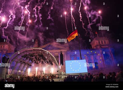 Berlin, Germany, fireworks over the Reichstag at the Day of German ...