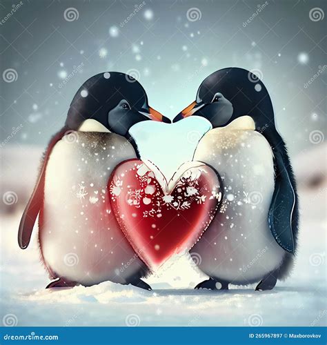 Penguins Holding Red Heart Kissing. Generative AI Stock Illustration ...