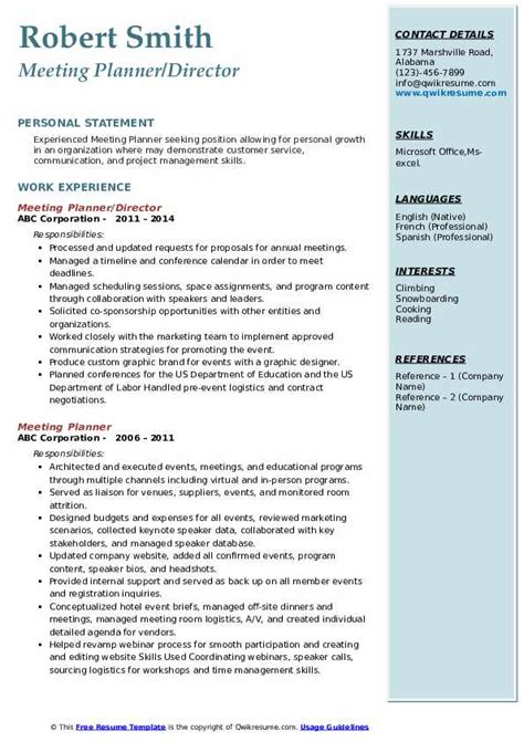 Meeting Planner Resume Samples | QwikResume