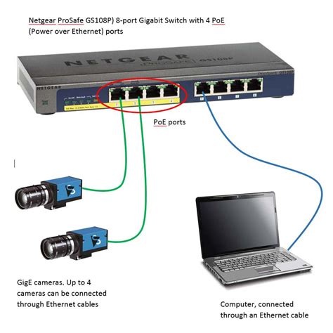 4 port PoE GigE switch including ethernet cables - Bioras