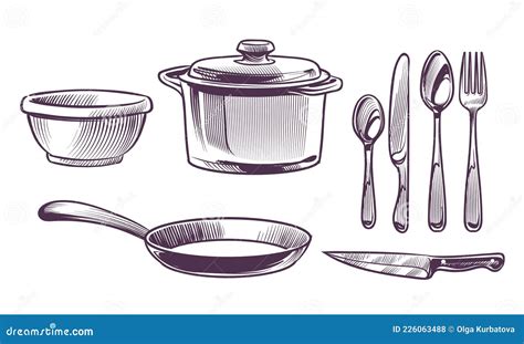 Utensils Kitchen. Cooking Metal Chef Equipment Sketch Style Collection ...