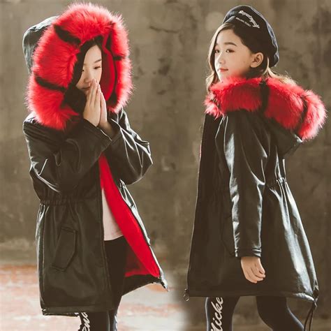 Girls Winter Coats for Kids Outerwear Fleece PU Leather Jacket Fur Collar Teenage for Girls ...