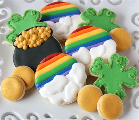 St. Patrick's Day Cookies with Rainbow and Shamrock Decorations