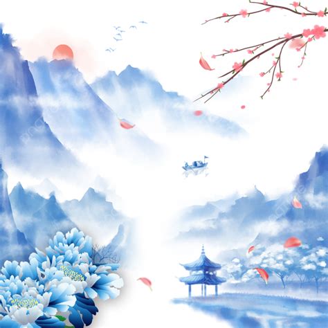 Chinese Style Simple Ink Landscape Painting Plum Blue Background, Chinese Style, Simple, Ink ...