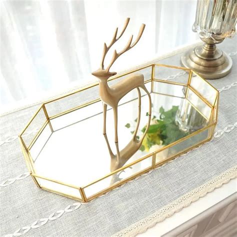 Metal Mirrored Ornate Decorative Tray Jewelry Tray Champagne Gold Finish-in Storage Boxes & Bins ...