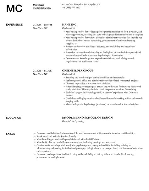 Psychometrist Resume Samples | Velvet Jobs