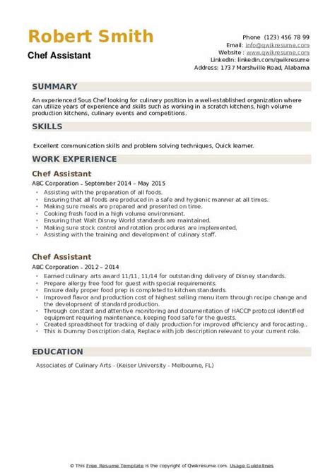 Chef Assistant Resume Samples | QwikResume