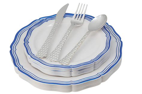 White Blue Plastic Plates & Cutlery Set, 100 Piece Elegant Disposable Dinnerware & Silverware ...