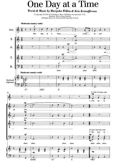 One Day At A Time by Kris Kristofferson Sheet Music for Choir at Sheet Music Direct