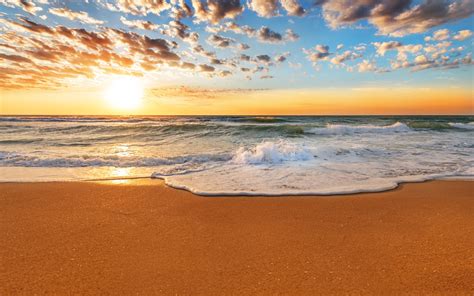 Sunset beach, sands, waves, clouds, sky Wallpaper | 2880x1800 resolution wallpaper download ...