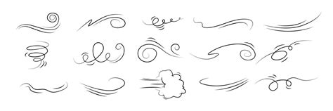 Simple doodle wind line drawing set. Vector sketch of wind in motion, air blow and swirl ...