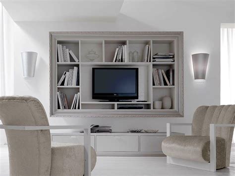 Wall-mounted wooden TV cabinet with shelves GRETA by CorteZari