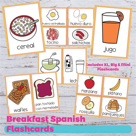 Breakfast Spanish Flashcards Food Printable Flashcards | Etsy