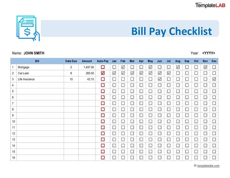 Bill pay checklist template - earlyLasi