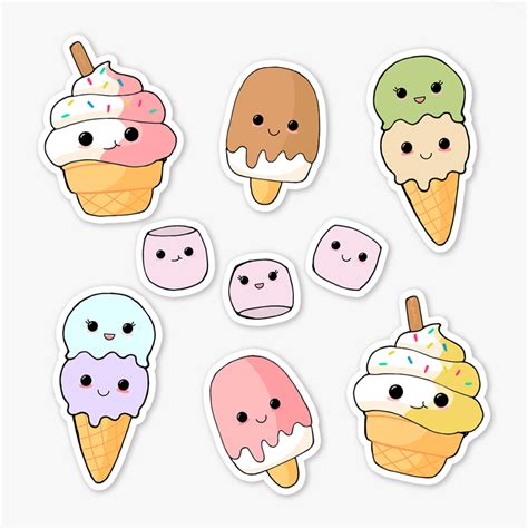 Cute Ice Cream Kawaii Stickers Pack of 4. Dessi Designs