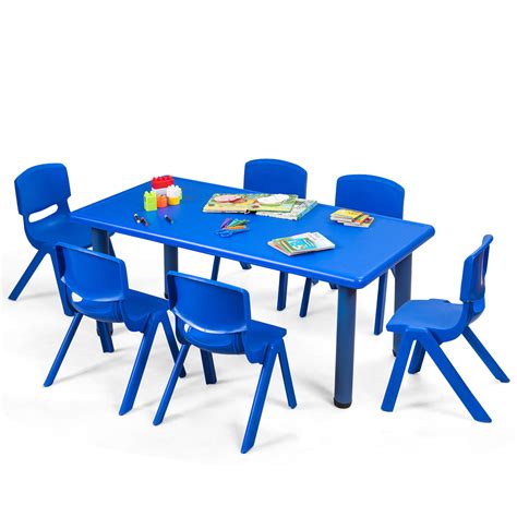 Topbuy Kids Table & 6 Chairs Set Activity Desk & Chair Set Indoor/Outdoor Home Classroom Blue ...