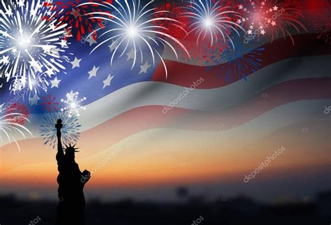 American flag with fireworks at twilight background design for 4 july ...