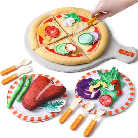 tumama Felt Play Food Pizza Toys for Kids Girls Boys Role Play Plate Knife Fork and Tray Pretend ...