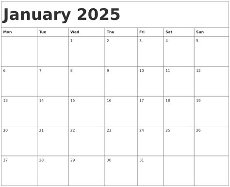 January 2025 Calendar Template