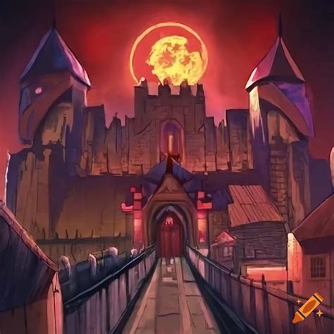 Illustration of a medieval castle under a red moon