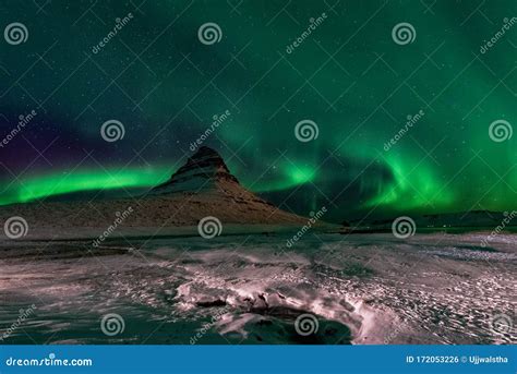 Beautiful Kirkjufell Mountain with Northern Lights Iceland Stock Photo ...