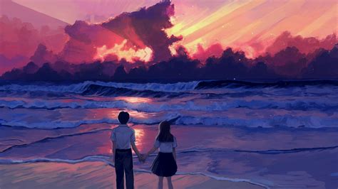Download Ocean Sunrise Couple Anime Love HD Wallpaper