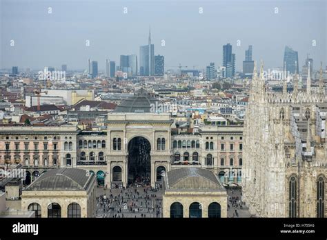 Milan skyline. The picture shows piazza Duomo with the cathedral and ...