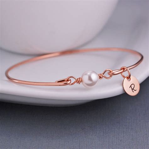 Rose Gold Pearl Bracelet Personalized Pink Gold Bangle - Etsy