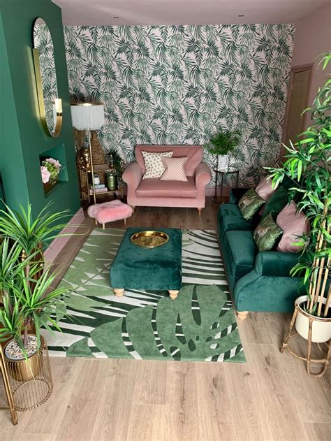 Green and pink living room | Pink living room, Tropical living room ...