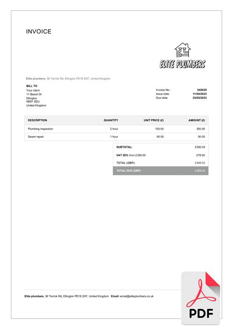 Free Professional Plumbing Invoice Templates in PDF | Billdu