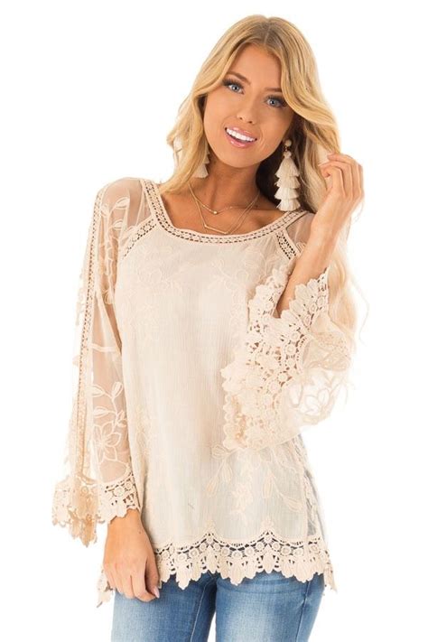 Cream Top with Sheer Long Sleeves and Floral Embroidery front close up | Women clothing boutique ...