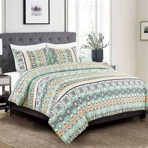 3 Piece Southwestern Bedding Print Comforter Set Multicolor Light Teal/Mint Green White Queen ...