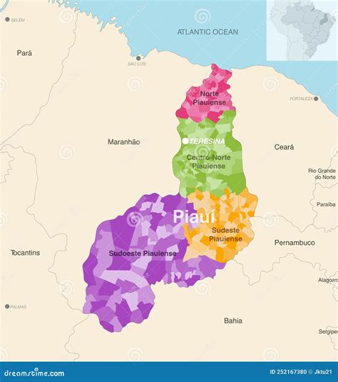 Brazil State Piaui Administrative Map Showing Municipalities Colored by State Regions ...