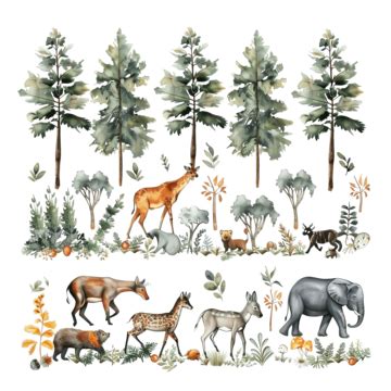 숲을 따라 걷는 다른 종류의 동물들, 코끼리, 원숭이, 호랑이 PNG 일러스트 및 이미지 에 대한 무료 다운로드 - Pngtree