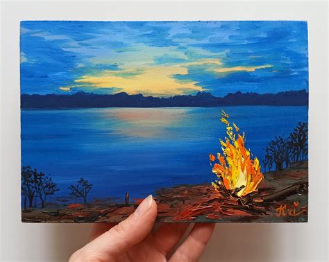 Campfire Painting Camping Artwork Impasto Forest Lake | Etsy