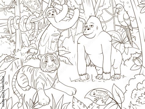 Jungle animals cartoon coloring book vector Stock Vector | Adobe Stock