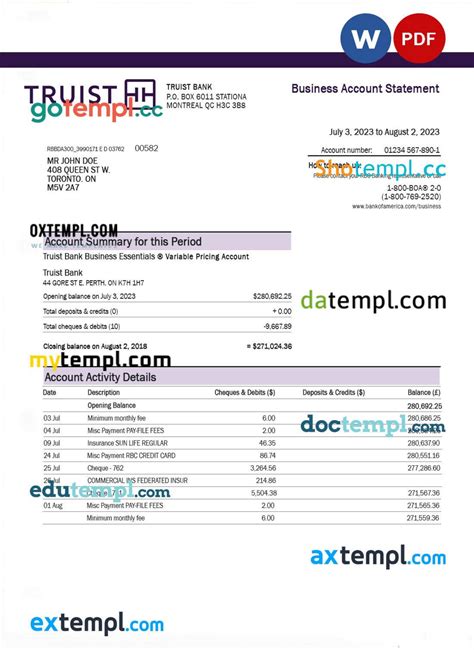 Truist Bank business account statement Word and PDF template by ...