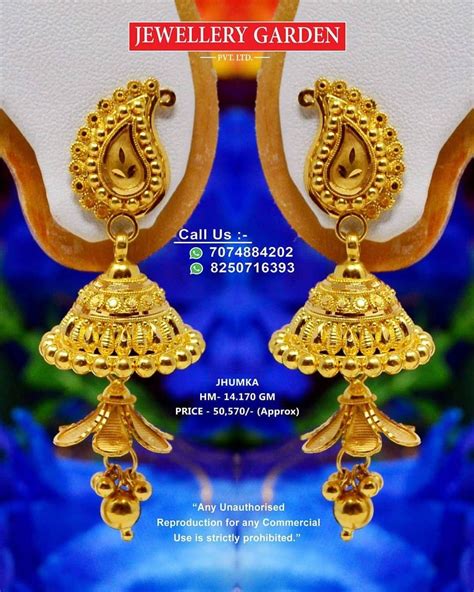Indian Gold Jewellery Design, Gold Jewellry, Gold Jhumka Earrings, Indian Jewelry Earrings, Gold ...
