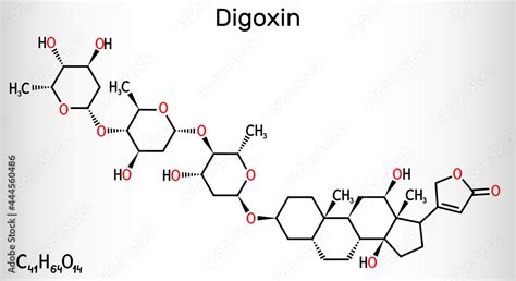 Digoxin, molecule. It is cardiac glycoside, cardiovascular medication ...