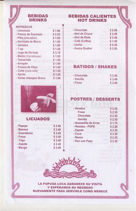 Menu of La Pupusa Loca in Los Angeles, CA 90038