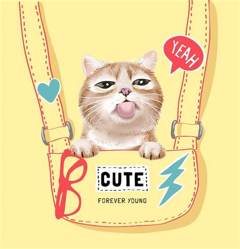 Premium Vector | Cute cat tongue out in cartoon side bag vector ...